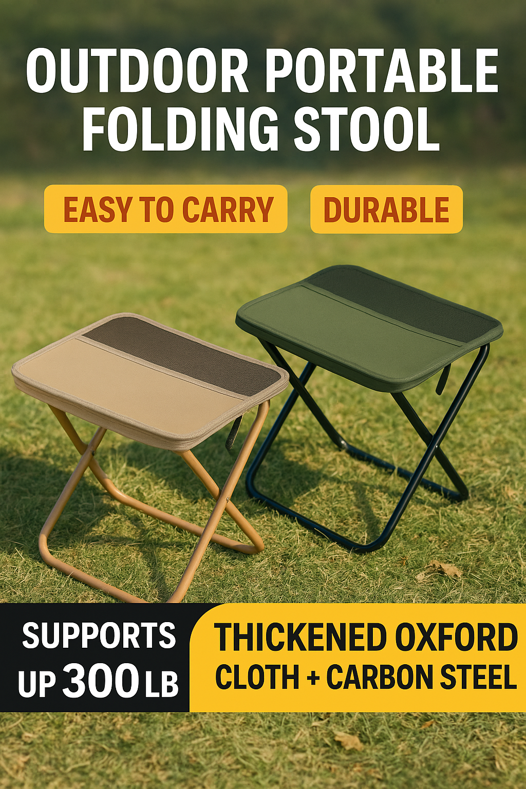 Two portable folding stools on grass with text highlighting features.