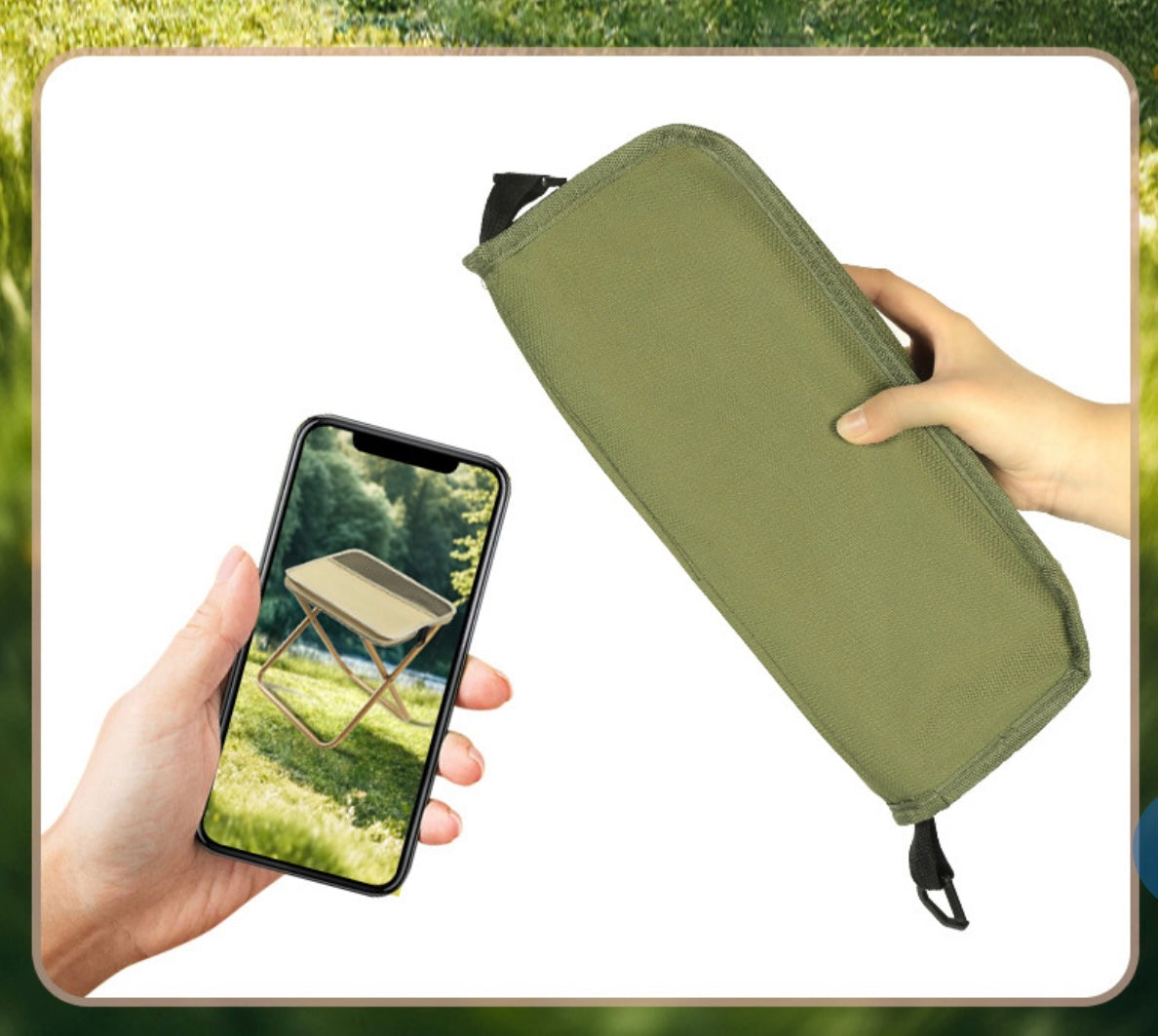 Green pouch held by a hand with a phone showing an image of a folding table in another hand, against a blurred natural background.