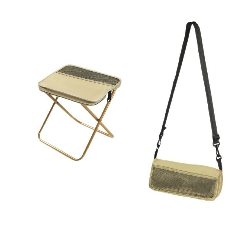 Foldable stool with mesh seat and backrest, and matching bag with shoulder strap on a white background.